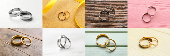 Collage with beautiful wedding rings on color background