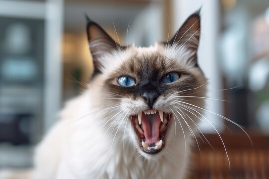 Close-up portrait photography of a happy balinese cat growling against a chic dining room. With generative AI technology