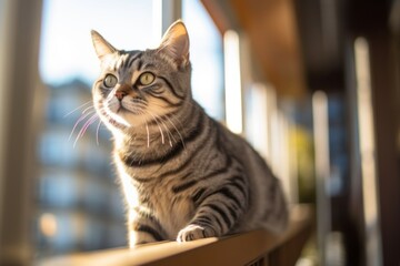 Naklejka na ściany i meble Close-up portrait photography of a happy american shorthair cat investigating against a sunny balcony. With generative AI technology