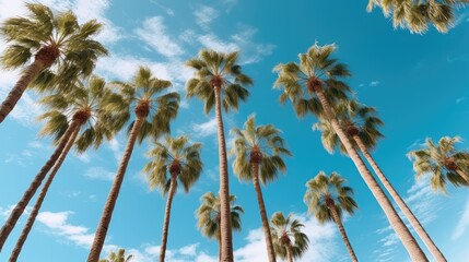 A bunch of palm trees with a blue sky in the background. Palm trees against blue sky photo realistic. Created with Generative Ai Technology