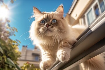 Conceptual portrait photography of a smiling ragdoll cat wall climbing against a sunny balcony. With generative AI technology