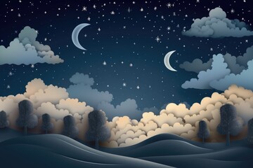 abstract and surreal landscape with a moonlit night sky, stars, and clouds, created with generative ai