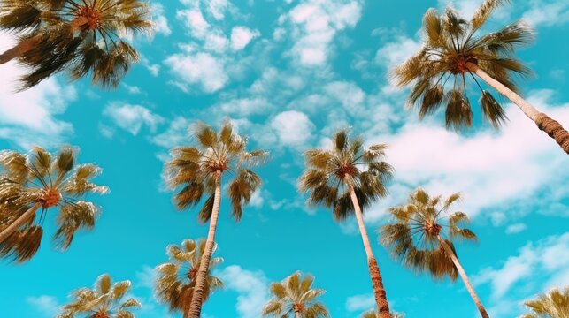 A group of palm trees with a blue sky in the background. Palm trees against blue sky photo realistic. Created with Generative Ai Technology