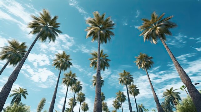A bunch of palm trees with a blue sky in the background. Palm trees against blue sky photo realistic. Created with Generative Ai Technology