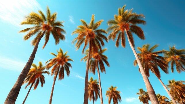 A group of palm trees with a blue sky in the background. Palm trees against blue sky photo realistic. Created with Generative Ai Technology