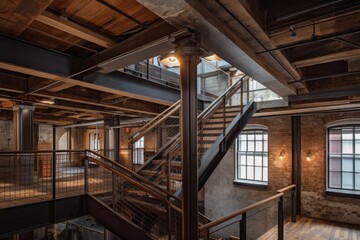 Fototapeta premium adaptive reuse and renovation project featuring industrial elements, such as exposed pipes and beams, created with generative ai