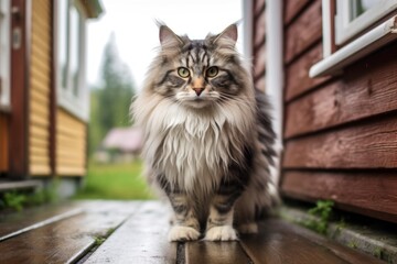 Full-length portrait photography of a curious norwegian forest cat skulking against an appealing front porch. With generative AI technology