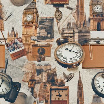 Travel themed collage scrapbook moodboard seamless repeat pattern [Generative AI]
