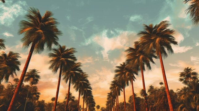 A painting of palm trees against a sunset sky. Created with Generative Ai Technology