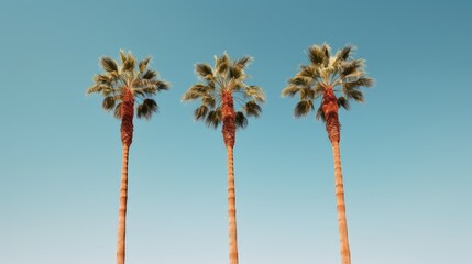 Obraz premium Three palm trees with a blue sky in the background. Tropical Palm Trees: tall palm trees against a clear blue sky, symbolizing the tropical vibes of summer. Created with Generative Ai Technology
