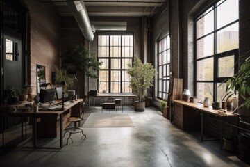 a modern office space, built within a formerly abandoned warehouse, created with generative ai