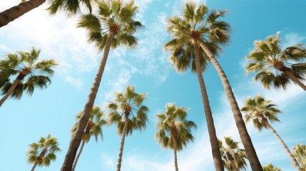 Fototapeta premium A group of palm trees with a blue sky in the background. Tropical Palm Trees: tall palm trees against a clear blue sky, symbolizing the tropical vibes of summer. Created with Generative Ai Technology