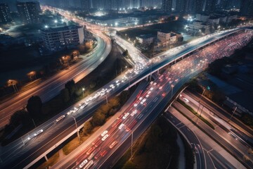 Fototapeta na wymiar aerial view of busy highway with traffic in motion, created with generative ai