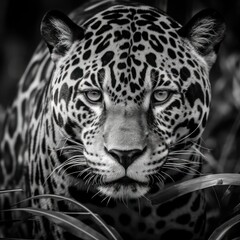 Fototapeta na wymiar Leopard in the wild. Black and white portrait. 