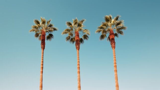 Three palm trees with a blue sky in the background. Tropical Palm Trees: tall palm trees against a clear blue sky, symbolizing the tropical vibes of summer. Created with Generative Ai Technology