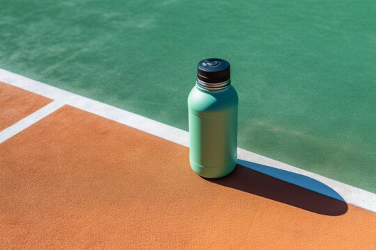 Reusable stainless steel water bottle on the tennis court. A picture on a bright sunny day, side view. Generative AI