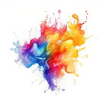 Watercolor rainbow ink splashing isolated on white background. Colorful paint splattered created with Generative Ai Technology