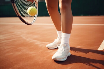 Fototapeta na wymiar Legs of a female tennis player on a tennis court during a competition. Generative AI