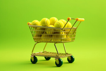 A shopping cart filled with tennis balls. The concept of a healthy lifestyle and sports equipment purchases. Generative AI