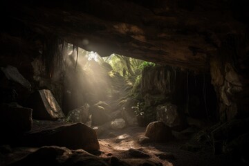 close-up of cave entrance, with light shining in, created with generative ai