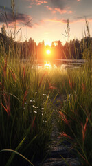 Miniature Marvels: Capturing the Splendor of Sunrise in HD Detail Amidst the Grass. Generative AI