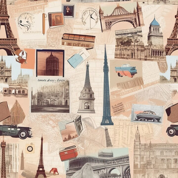 Travel themed collage scrapbook moodboard seamless repeat pattern [Generative AI]
