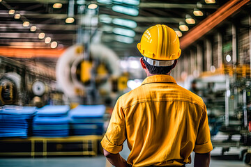 Engineer in yellow uniform while working inside the factory. Generative AI