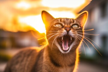 Medium shot portrait photography of a funny abyssinian cat murmur meowing against a captivating sunset. With generative AI technology