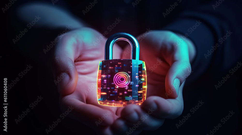 Poster hand hold mobile phone with security code, padlock and shield with check mark. generative ai