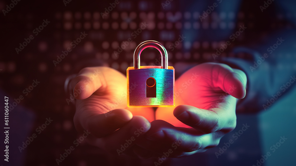 Poster hand hold mobile phone with security code, padlock and shield with check mark. generative ai