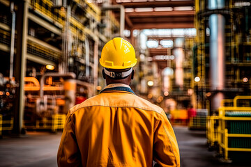 Engineer in yellow uniform while working inside the factory. Generative AI