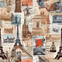 Travel-themed collage scrapbook moodboard seamless repeat pattern 
