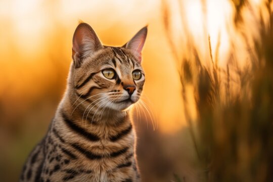 Lifestyle portrait photography of a funny savannah cat exploring against a captivating sunset. With generative AI technology