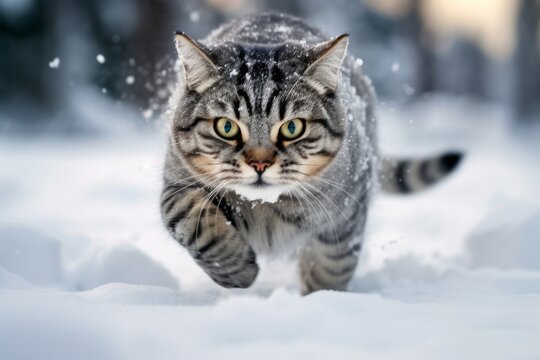 Medium shot portrait photography of a curious american shorthair cat pouncing against a snowy winter scene. With generative AI technology