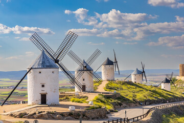 landscape mill spain clouds and castle La Mancha Consuegra with blue sky with clouds