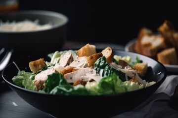 tasty chicken caesar salad with croutons, parmesan cheese and caesar dressing, created with generative ai - obrazy, fototapety, plakaty