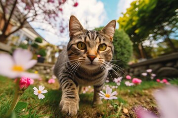 Naklejka na ściany i meble Medium shot portrait photography of a curious tabby cat back-arching against a blooming spring garden. With generative AI technology