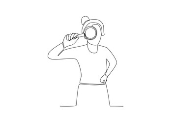 A female researcher wearing magnifying glasses. Researcher one-line drawing