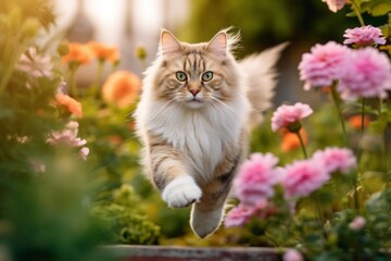 Naklejka na ściany i meble Lifestyle portrait photography of a cute neva masquerade cat leaping against a blooming spring garden. With generative AI technology