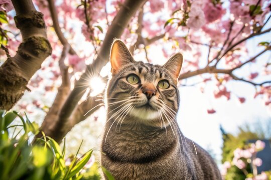 Medium shot portrait photography of a curious tabby cat back-arching against a blooming spring garden. With generative AI technology
