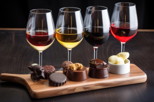 chocolate wine flight, featuring red, white and dessert wines paired with decadent chocolate, created with generative ai
