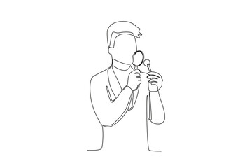 A male researcher looked at his experiment with magnifying glasses. Researcher one-line drawing