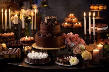 Obraz na płótnie Canvas gorgeous display of chocolate cakes and desserts for special occasion, with candles and flowers, created with generative ai