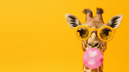 Cute giraffe with bubblegum in trendy yellow sunglasses, isolated on yellow background with copyspace. Generative AI - obrazy, fototapety, plakaty