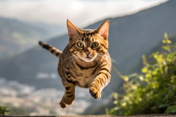 Obraz premium Full-length portrait photography of a funny bengal cat pouncing against a scenic mountain view. With generative AI technology