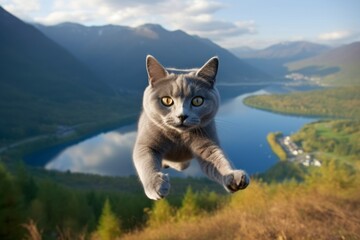 Obraz premium Group portrait photography of a cute russian blue cat leaping against a scenic mountain view. With generative AI technology