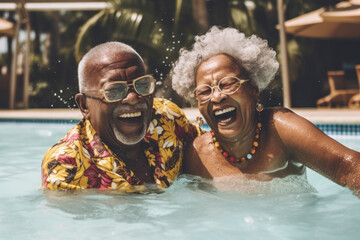 Happy laughing elderly african american couple swimming in pool. Generative AI.
