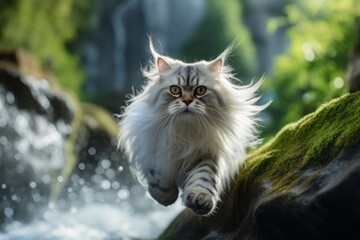 Naklejka na ściany i meble Lifestyle portrait photography of a smiling persian cat running against a majestic waterfall. With generative AI technology