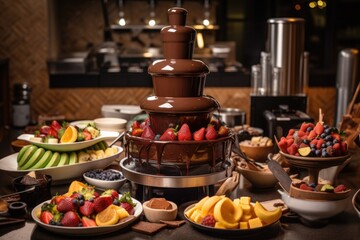Obraz na płótnie Canvas chocolate fountain with warm chocolate flowing, surrounded by plates of fruit and pastries for dipping, created with generative ai