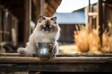 Medium shot portrait photography of a funny himalayan cat drinking water against a rustic barn. With generative AI technology